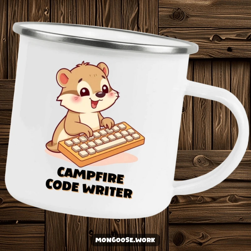 Funny Mongoose camping mug, typing on keyboard, cute outdoor gear, tech adventure accessory, excellent funny gift.