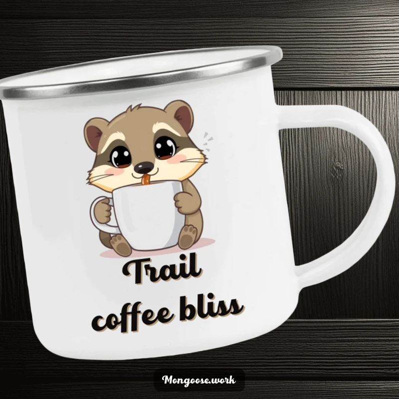 Funny Mongoose camping mug, sipping coffee, cute outdoor gear, coffee adventure accessory, excellent funny gift.