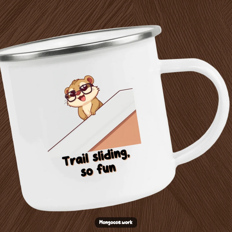 Funny mongoose wearing glasses slides down a desk banister with glee, on a sturdy camping mug for outdoor fun.
