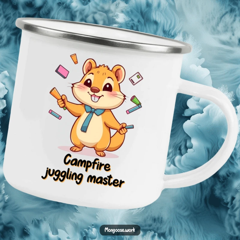Funny Camping Mug featuring a happy cartoon mongoose juggling office supplies, perfect for outdoor fun and celebrating multitasking.