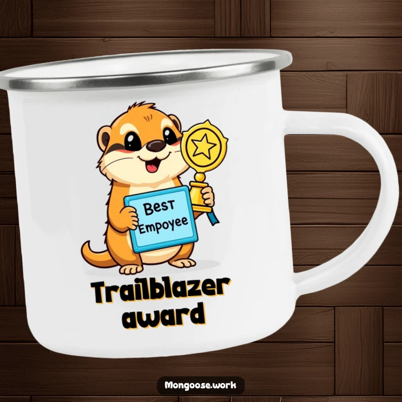 Funny Mongoose Camping Mug, showing a proud mongoose holding a shiny 'Best Employee' award, suitable for outdoor celebrations.