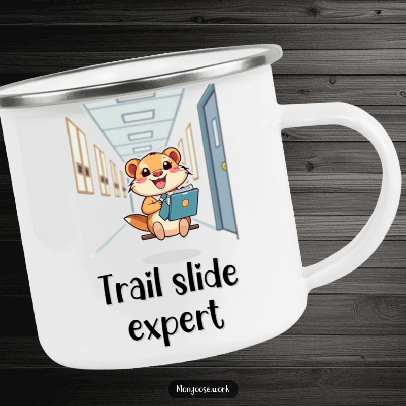 Funny Mongoose Camping Mug, a happy office worker sliding down a hallway on a file folder, ideal for outdoor fun.