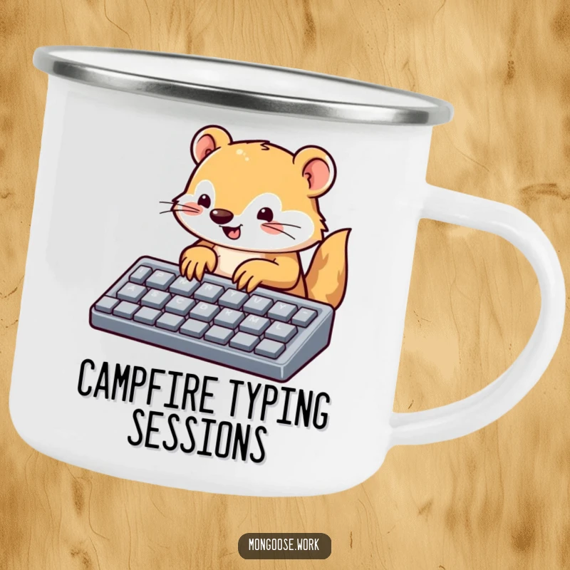 Funny mongoose camping mug, a cute mongoose typing on a large keyboard, bringing tech humor to outdoor drinks.