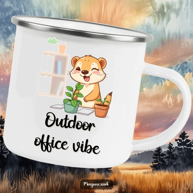 Funny Mongoose Plant Camping Mug: A durable mug showing a mongoose happily placing a desk plant, giving a wink, perfect for outdoor enthusiasts.