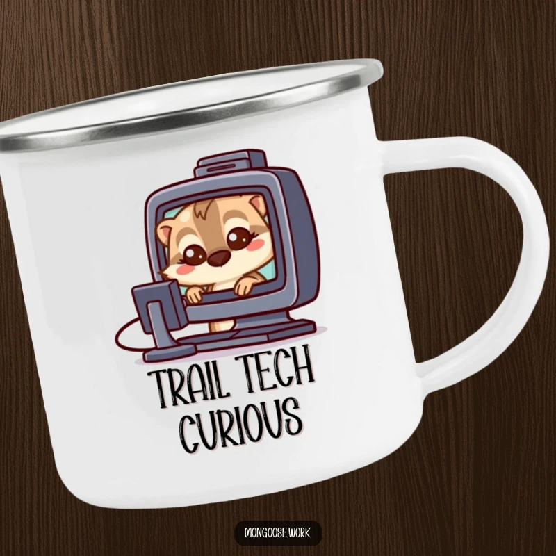 Funny Mongoose tech camping mug featuring a mongoose with wide eyes staring at a computer screen, perfect for outdoor techies.