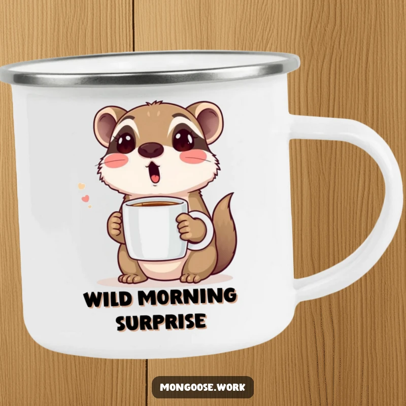 Funny camping mug with a cute mongoose making a surprised face while holding a coffee mug, embodying a humorous outdoor coffee experience.