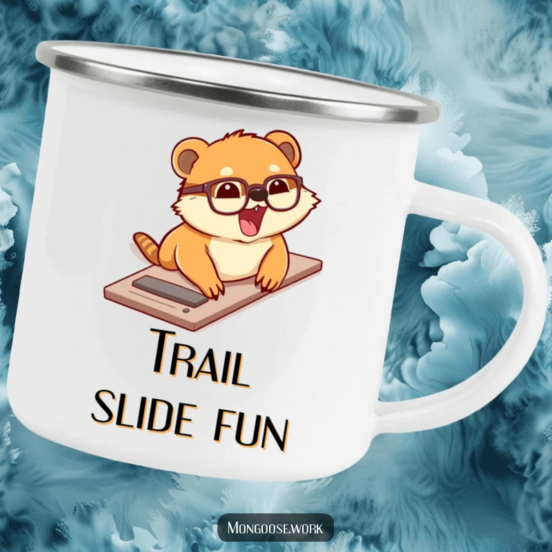 Funny camping mug featuring a cute mongoose wearing glasses sliding down a desk with excitement, perfect for outdoor fun.