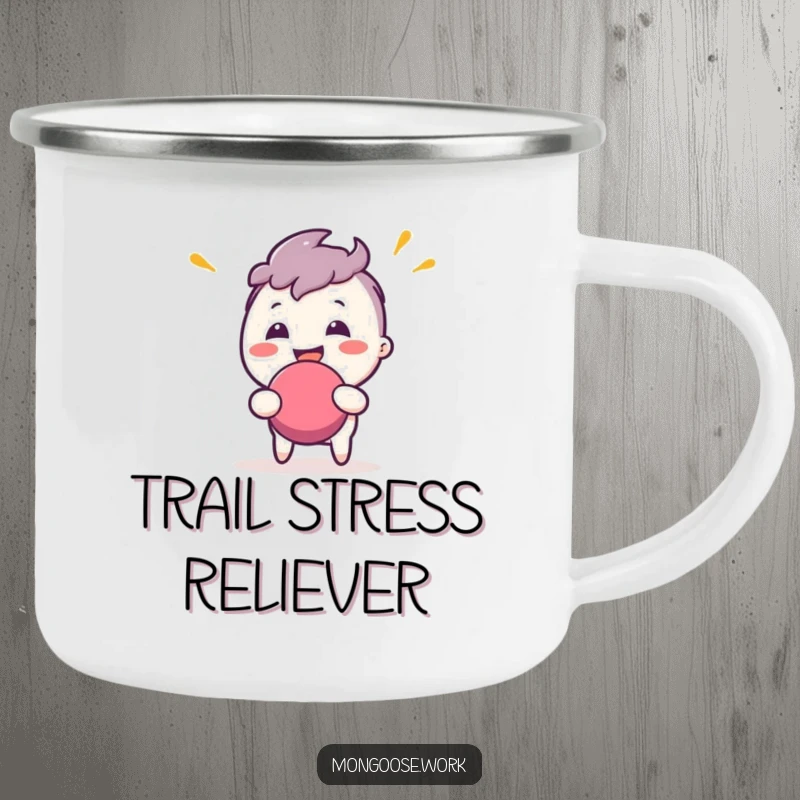 Funny Camping Mug: Cheerful character enthusiastically bouncing a stress ball, ideal for outdoor enthusiasts.