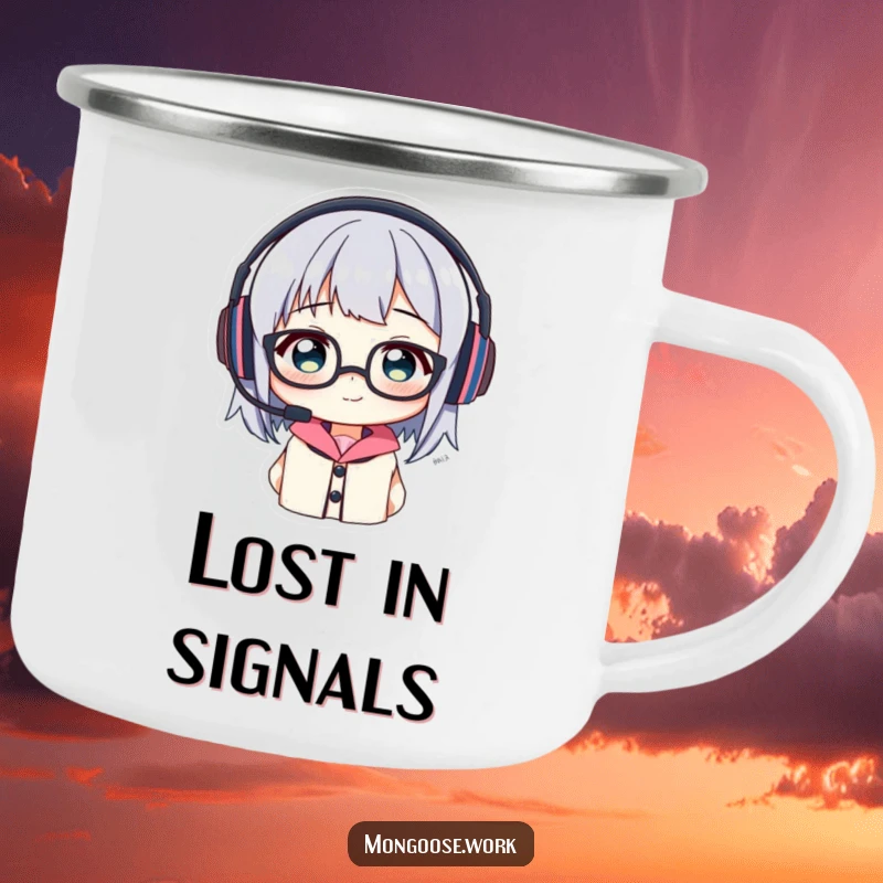Funny Camping Mug: Character comically trying to wear headset and glasses, perfect for outdoor tech enthusiasts.