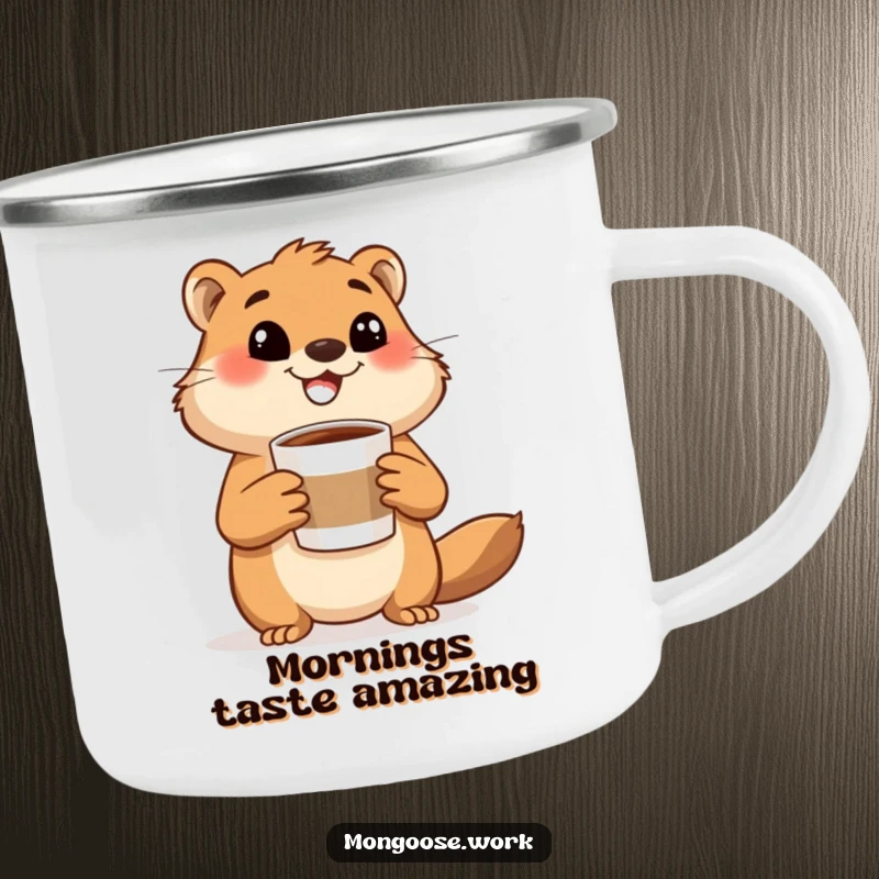 Funny mongoose camping mug, a happy mongoose holding a coffee cup and gesturing excitedly, bringing energetic humor to outdoor drinks.