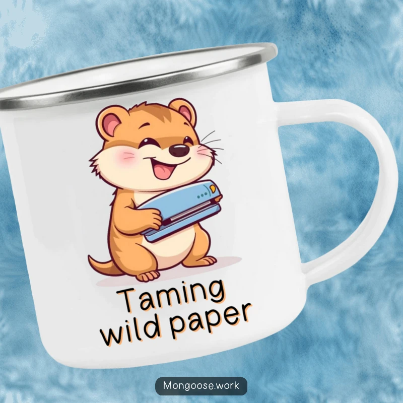 Funny camping mug with a cute mongoose energetically using a stapler with a grin, embodying a humorous and productive outdoor spirit.