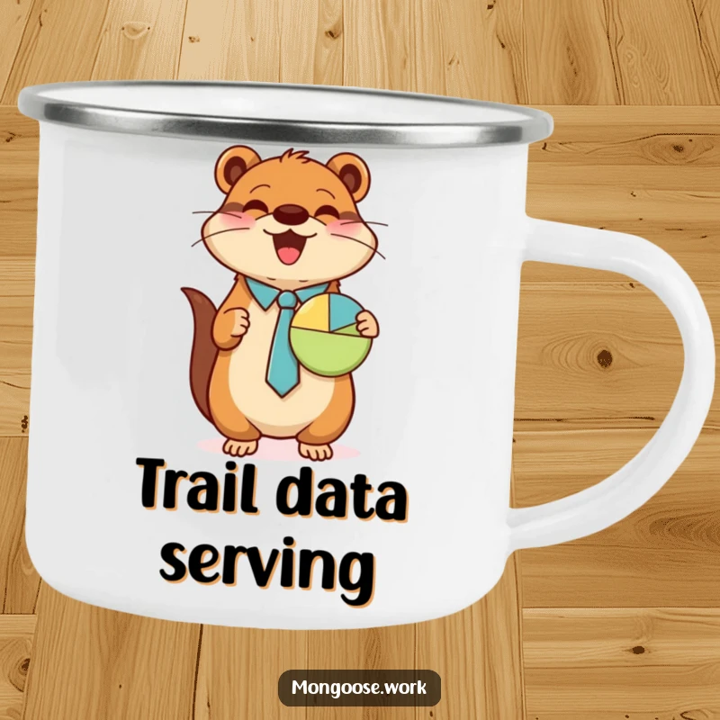 Funny Mongoose camping mug, wearing tie, presenting pie chart, cute outdoor gear, business accessory, excellent funny gift.