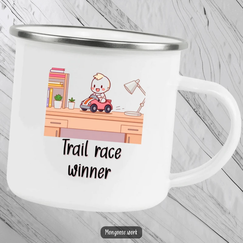Funny Camping Mug: Happy character racing a toy car across a desk, perfect for outdoor enthusiasts who love speed.