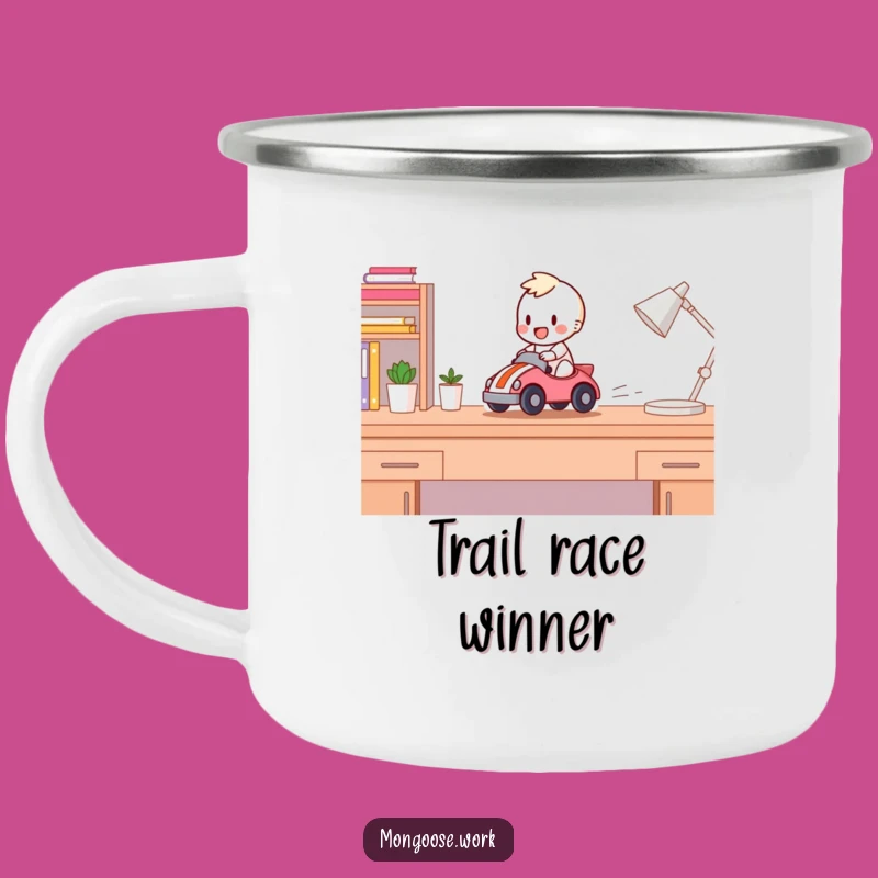 Funny Desk Racer Camping Mug: Outdoor Adventures with Happy Character Speed