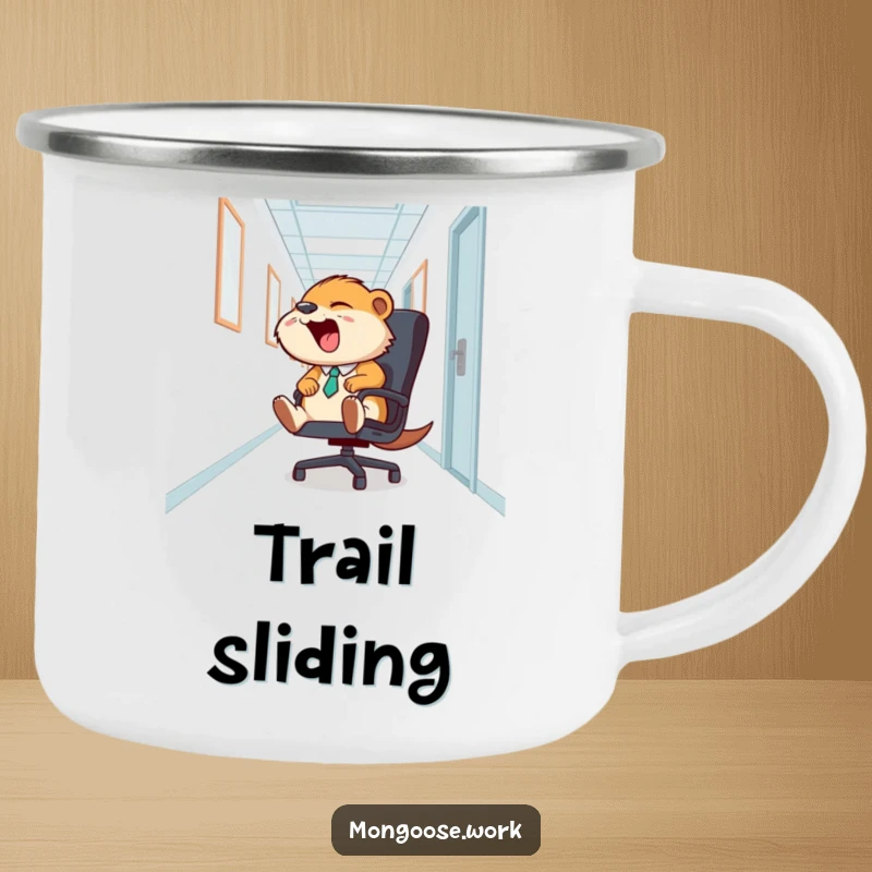 Funny Mongoose Office Chair Camping Mug: A mongoose slides on an office chair, perfect for enjoying coffee with funny, adventurous vibes.