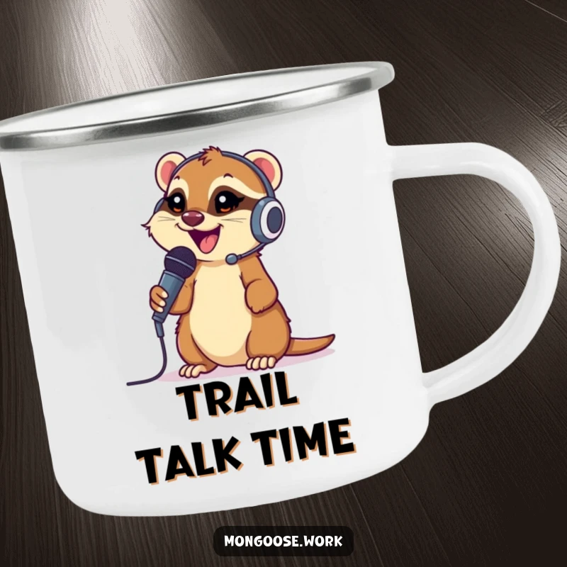 Funny Mongoose Camping Mug: A happy mongoose with a headset and microphone, perfect for outdoor chats.