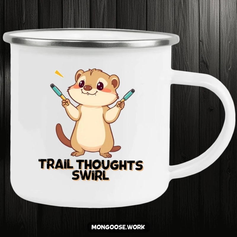 Funny Mongoose Camping Mug, a durable mug showing a mongoose skillfully juggling pens, ready for outdoor adventures and laughs.