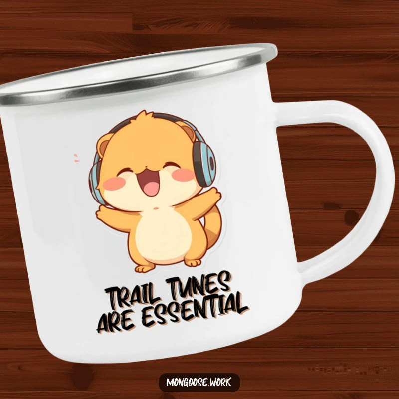 Funny Mongoose Camping Mug: A mongoose with headphones enjoying music outdoors, bobbing its head.