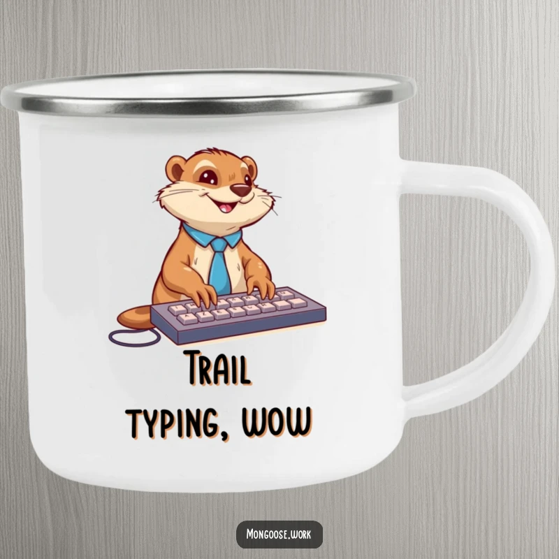 Funny mongoose in a tie enthusiastically typing on a keyboard, on a sturdy camping mug for professionals on the go.