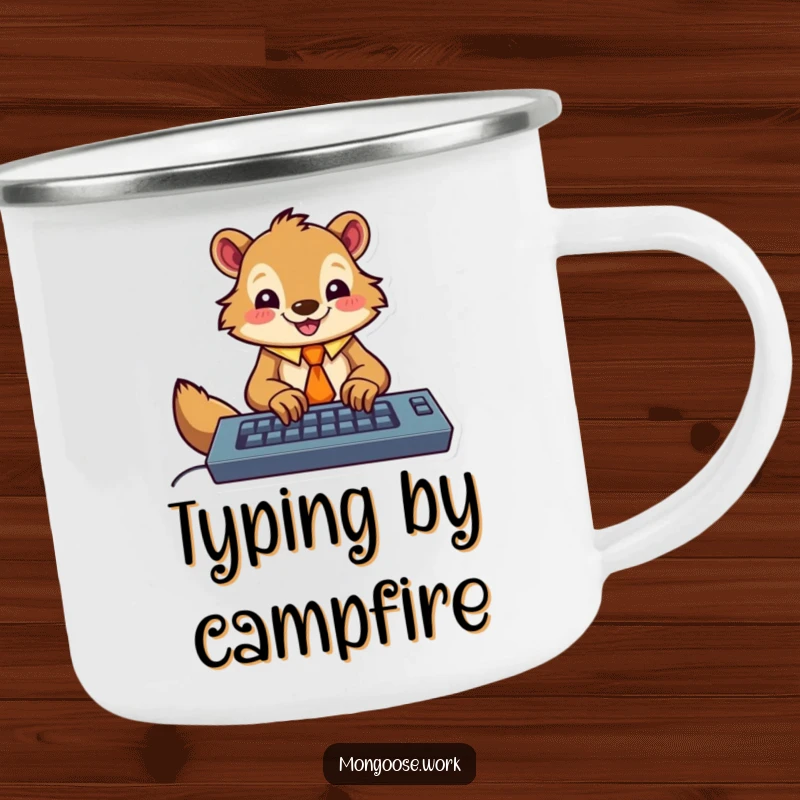 Funny camping mug showing a happy mongoose wearing a tie, enthusiastically typing on a keyboard, perfect for outdoor adventures with office humor.