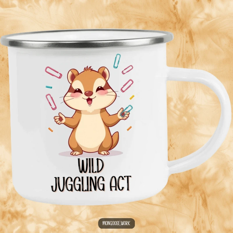 Funny Mongoose Camping Mug: A mongoose intensely juggling paper clips, designed for adventure, offering durable humor and a funny gift.