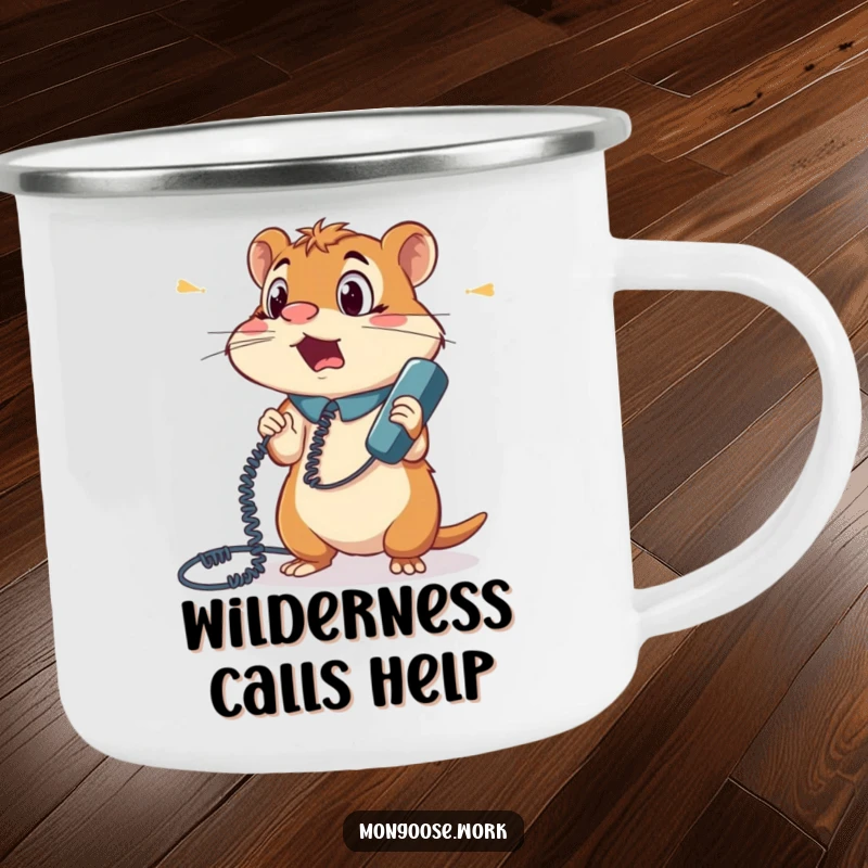 Funny camping mug showing a surprised mongoose office worker tangled in a phone cord, looking bewildered amidst the wilderness.