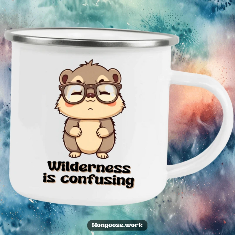 Funny camping mug showing a confused mongoose with upside down reading glasses, built for outdoor beverage enjoyment.