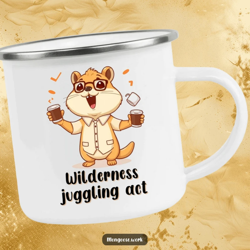 Funny camping mug showing a cheerful mongoose office worker skillfully juggling coffee cups, ready for any outdoor challenge.