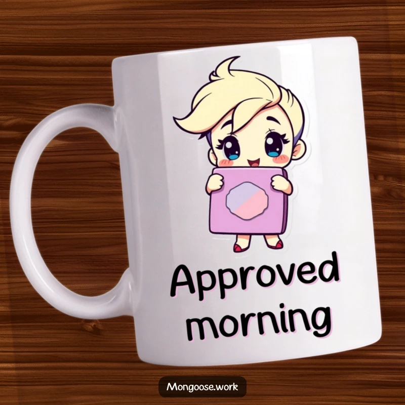 Funny Mug: Character winking slyly while holding a giant, colorful rubber stamp, symbolizing approval and humor.