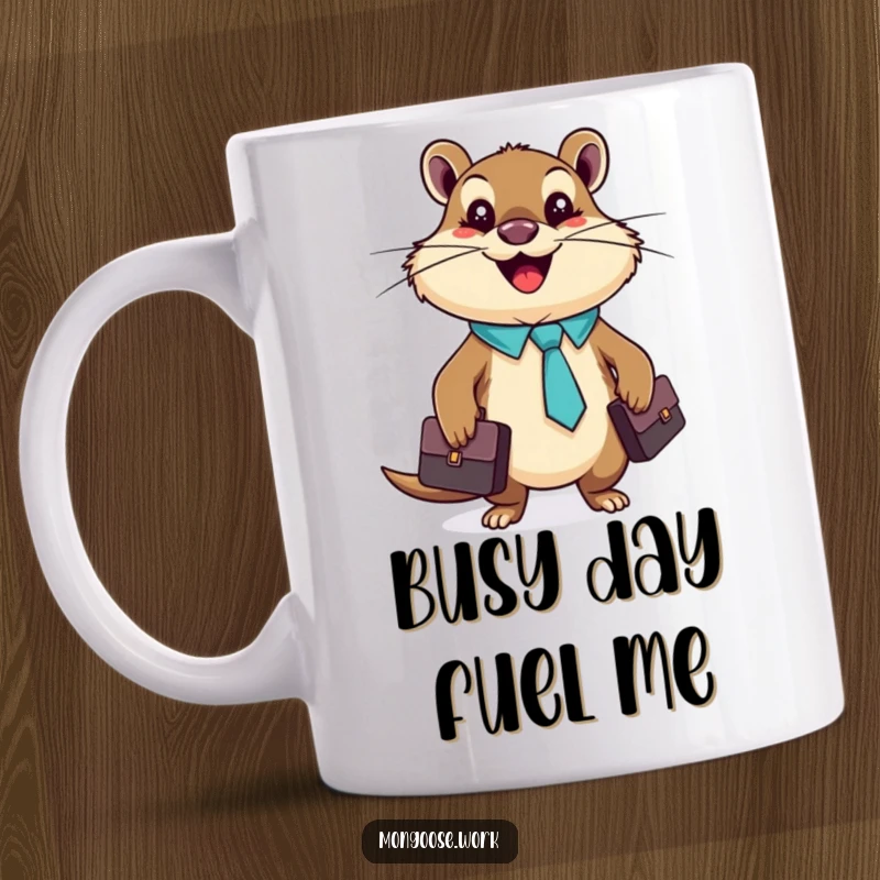 Funny, cheerful mongoose wearing a tiny tie and holding a briefcase, smiling on a mug.