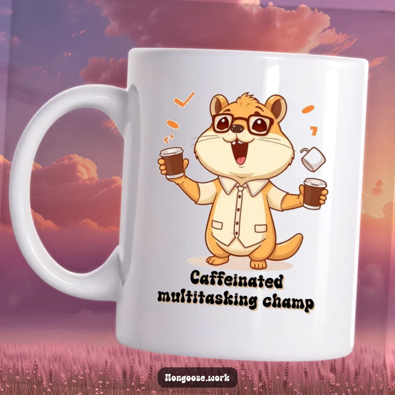 Funny mug showing a cheerful mongoose office worker skillfully juggling multiple coffee cups with a big smile, exuding energy.
