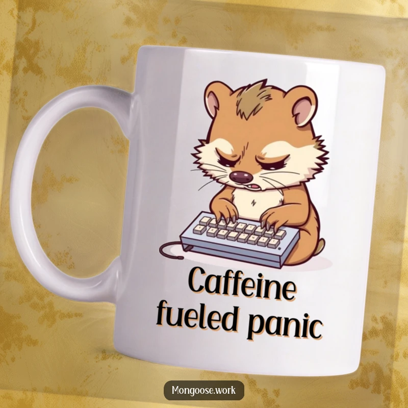 Funny mug showing a stressed mongoose frantically typing on a tiny keyboard, relatable work humor.