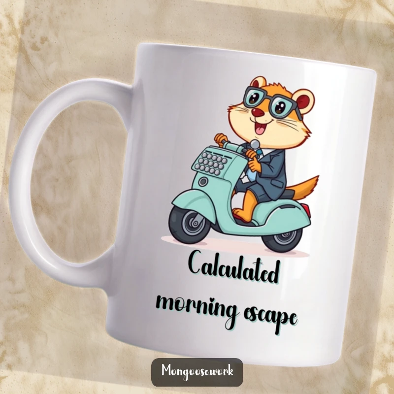 Funny Mongoose Mug, mischievously riding an adding machine as a scooter, embodying office fun and playful rebellion.