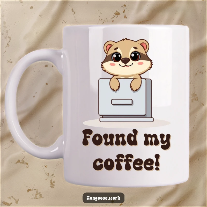 Funny mug with a cute mongoose popping out of a filing cabinet with wide eyes, symbolizing surprise and office-related humor.