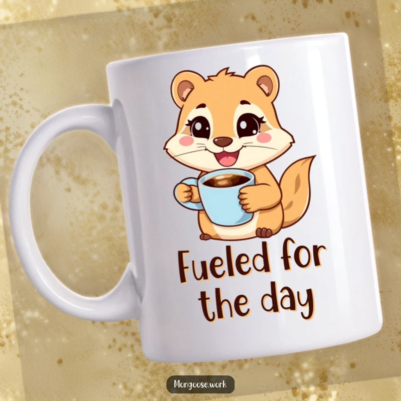 Funny mug featuring a joyful mongoose character holding a coffee cup with a wide smile, looking determined, embodying morning motivation.