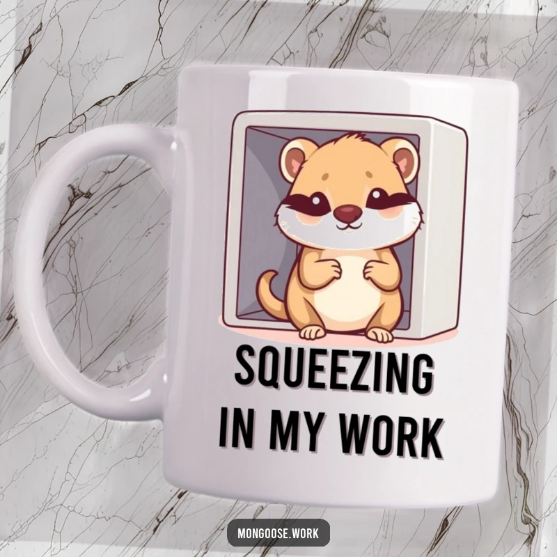 Funny Kawaii mongoose character determinedly squeezing into a tiny cubicle, representing office space struggles humorously.