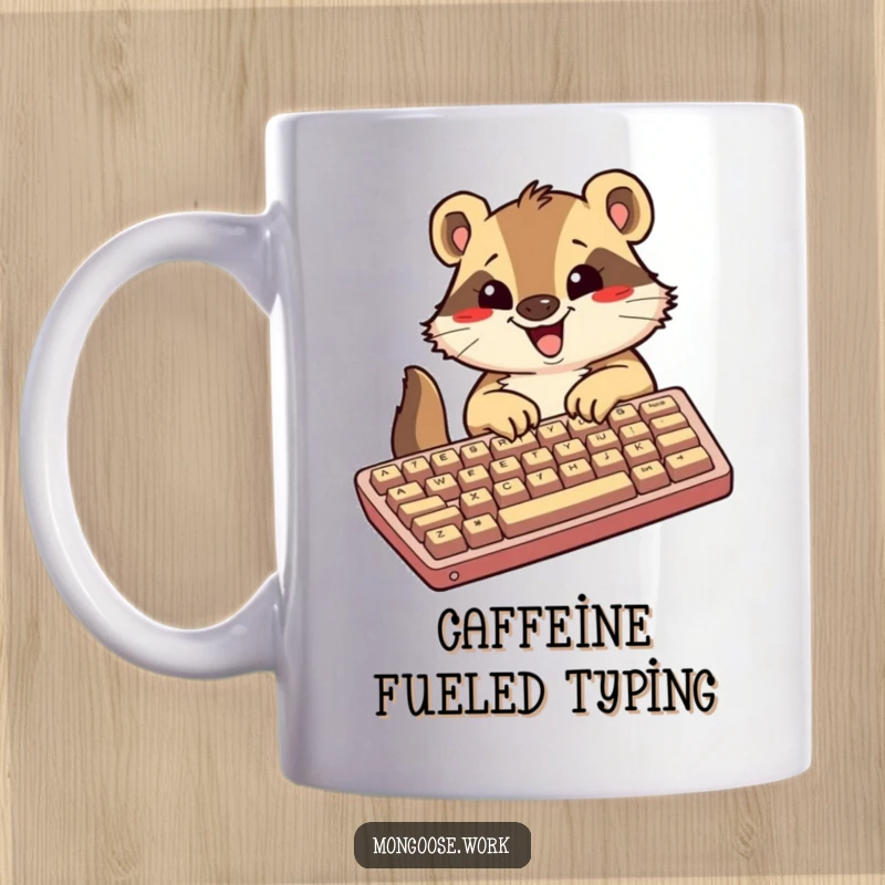 Funny Kawaii mongoose character excitedly typing on a ridiculously oversized keyboard, radiating pure joy and speed.