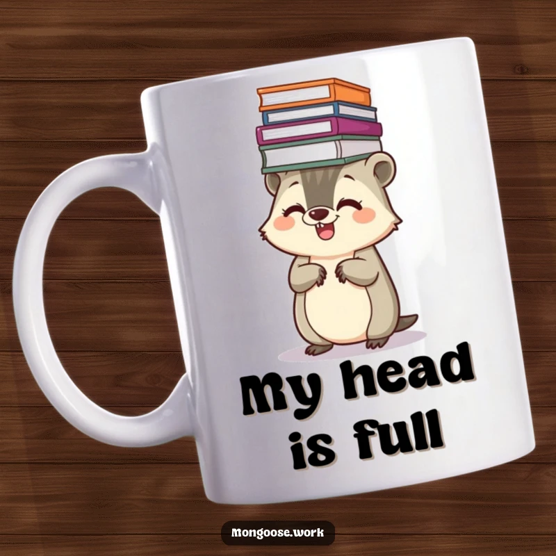 Funny Kawaii mongoose character giggling, expertly balancing a tall stack of files on its head, showing organized silliness.