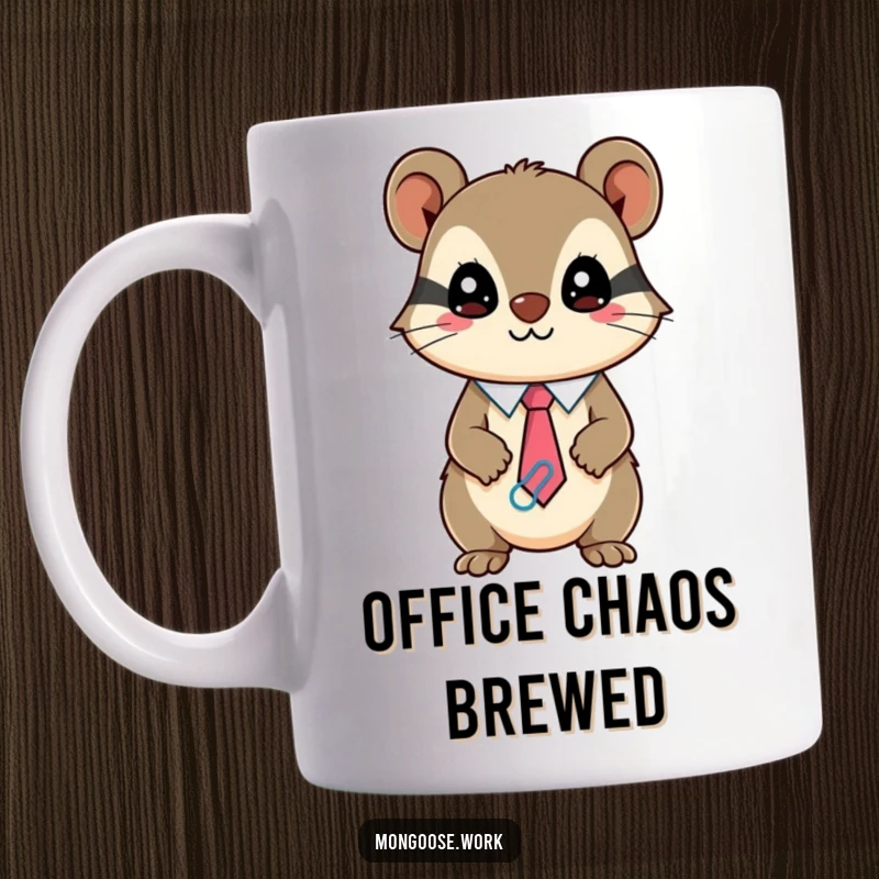 Funny Kawaii mongoose mug, a mischievous character wearing a tie made of paperclips, symbolizing quirky professionalism.