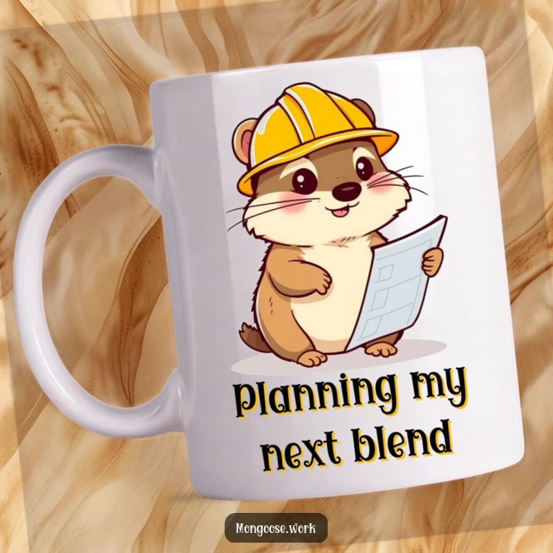 Funny mongoose mug, wearing a hard hat and studying blueprints, showcasing intelligence and construction prowess. A humorous design for planners.