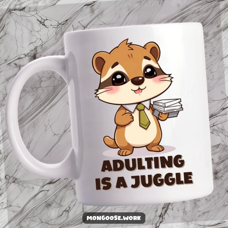 Funny mug featuring a mongoose in a tie, expertly balancing a tall stack of papers. Professional charm.