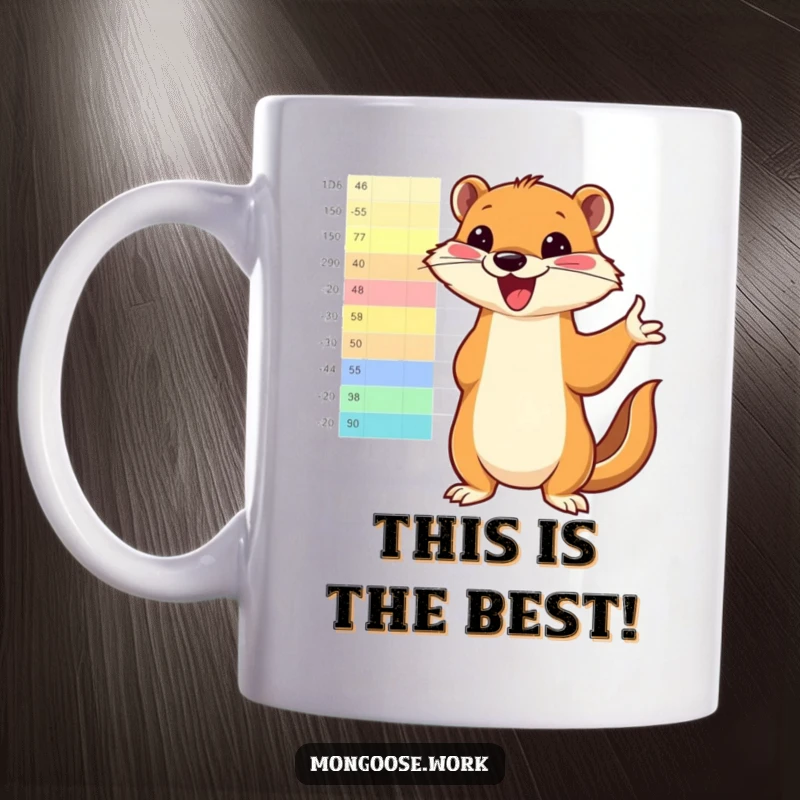 Funny mongoose enthusiastically pointing to a bright, colorful chart on a coffee mug, embodying presentation power and comedic excitement.