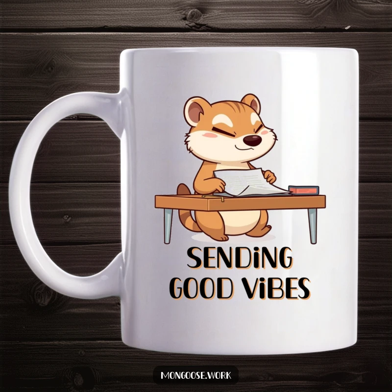 Funny mongoose sliding a document across a desk with a determined wink on a coffee mug, embodying suave efficiency and office wit.