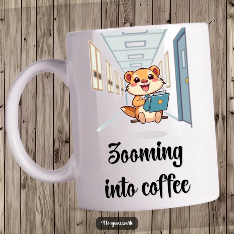 Funny Mongoose Mug, happily sliding down an office hallway on a file folder, conveying pure joy and office escapism.