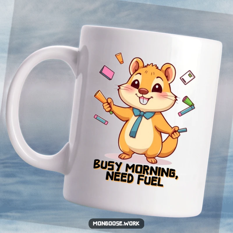 Funny Mug featuring a happy cartoon mongoose expertly juggling various office supplies, showcasing multitasking skills with humor.
