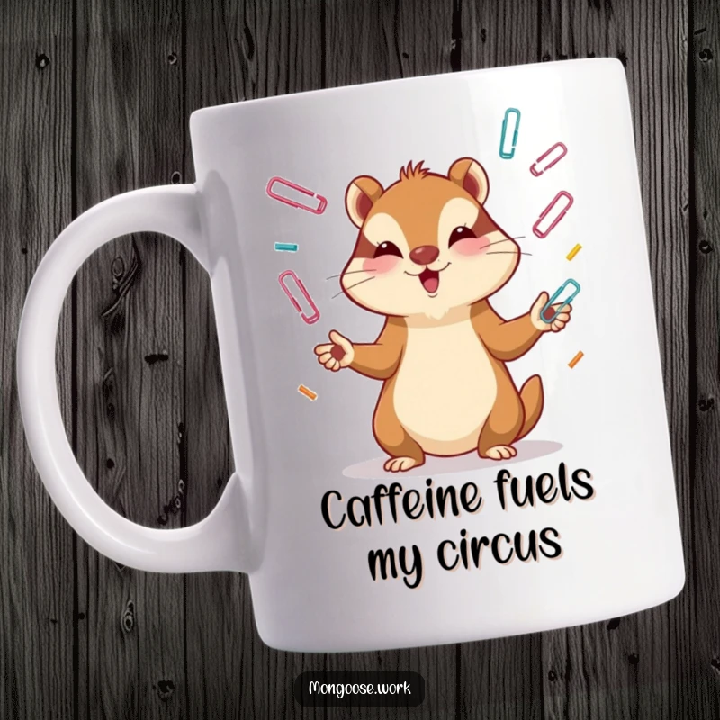 Funny Mongoose Mug: A mongoose intensely focused on juggling paper clips, symbolizing concentration and humor, perfect for office gifts.