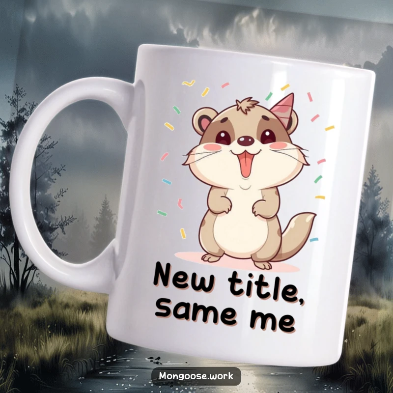 Funny Mongoose Mug: A mongoose celebrating a promotion with confetti falling, symbolizing success and joy, perfect for funny gifts.