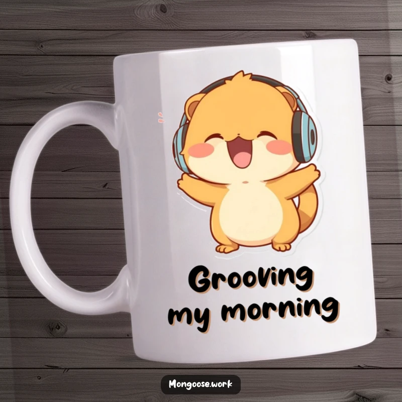 Funny Mongoose Mug: A delighted mongoose wearing headphones, enthusiastically bobbing its head to music, pure joy.
