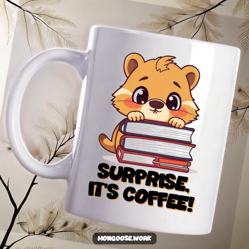 Funny mug showing a surprised mongoose character peeking over a huge stack of files, symbolizing office overload.