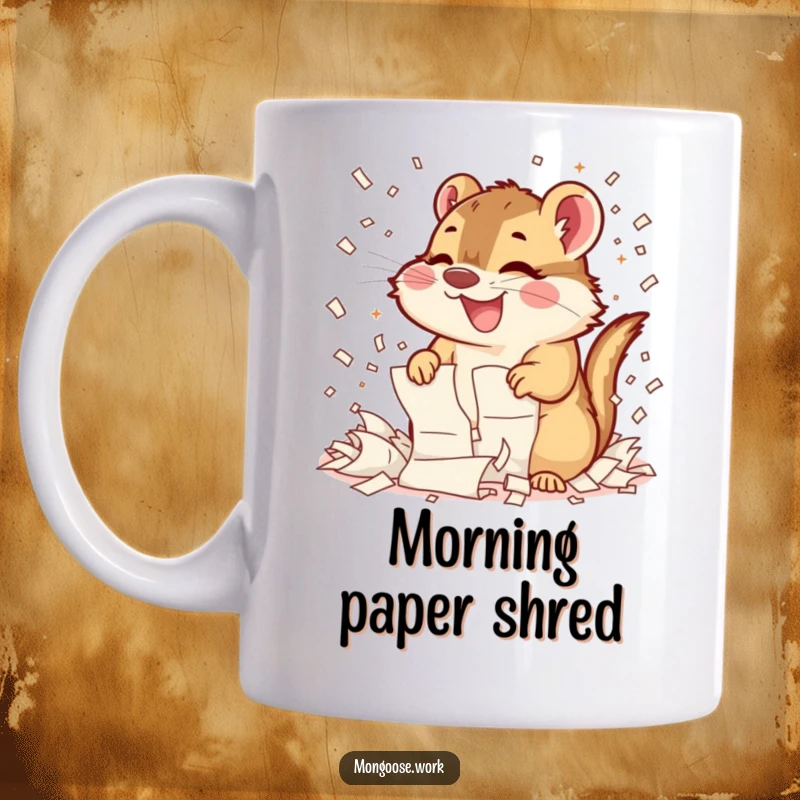 Funny Mongoose Paper Shredding Mug: A hilarious mongoose is gleefully shredding documents with pure, unadulterated joy and energetic chaos.
